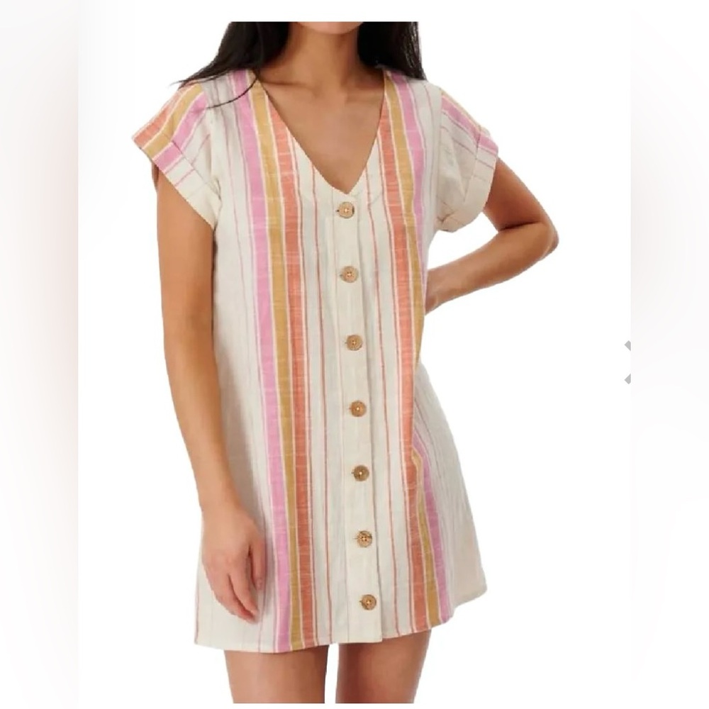 Rip Curl Striped Linen Dress Button Up Size Large - image 1